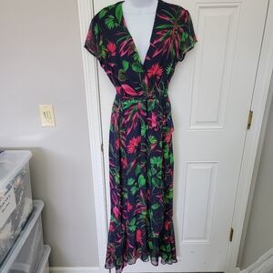 Just Taylor Tropical Print Flowy Belted Wrap Maxi Dress Navy Pink Summer Size 8